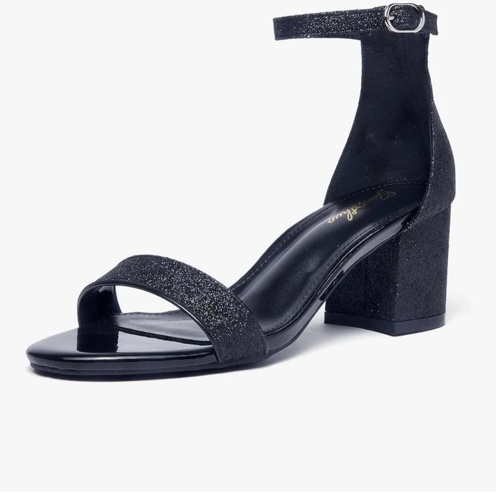 GENSHUO Open Toe Ankle Strap Block Chunky Low Heels #944